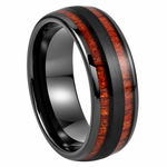 8mm Black Tungsten Band with Red Wood Inlay on white background