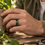 8mm Black Tungsten Band with Green Inlay worn on hand lifestyle view