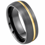 8mm Brushed Black Tungsten Band with Yellow Groove on white background