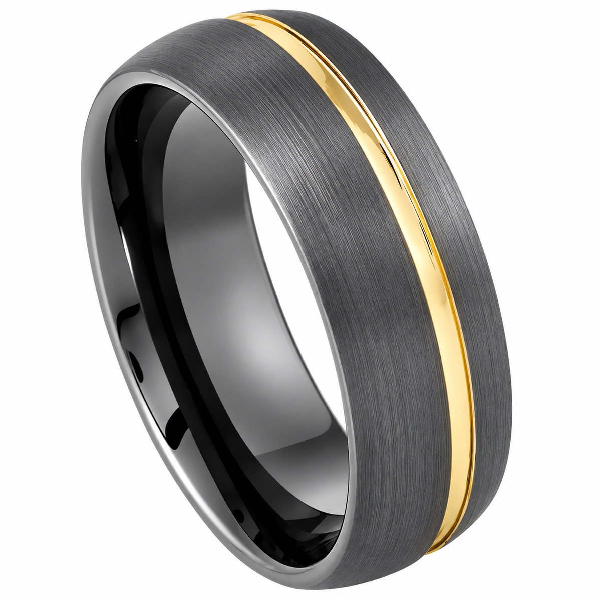 8mm Brushed Black Tungsten Band with Yellow Groove on white background