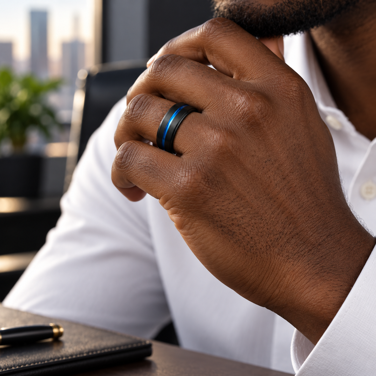 8mm Brushed Black Tungsten Band with Blue Groove worn on hand lifestyle view