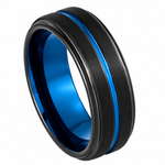 8mm Brushed Black Tungsten Band with Blue Groove on white background