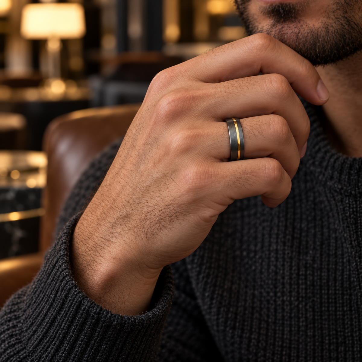 6mm Brushed Tungsten Band with Yellow Groove worn on hand lifestyle view