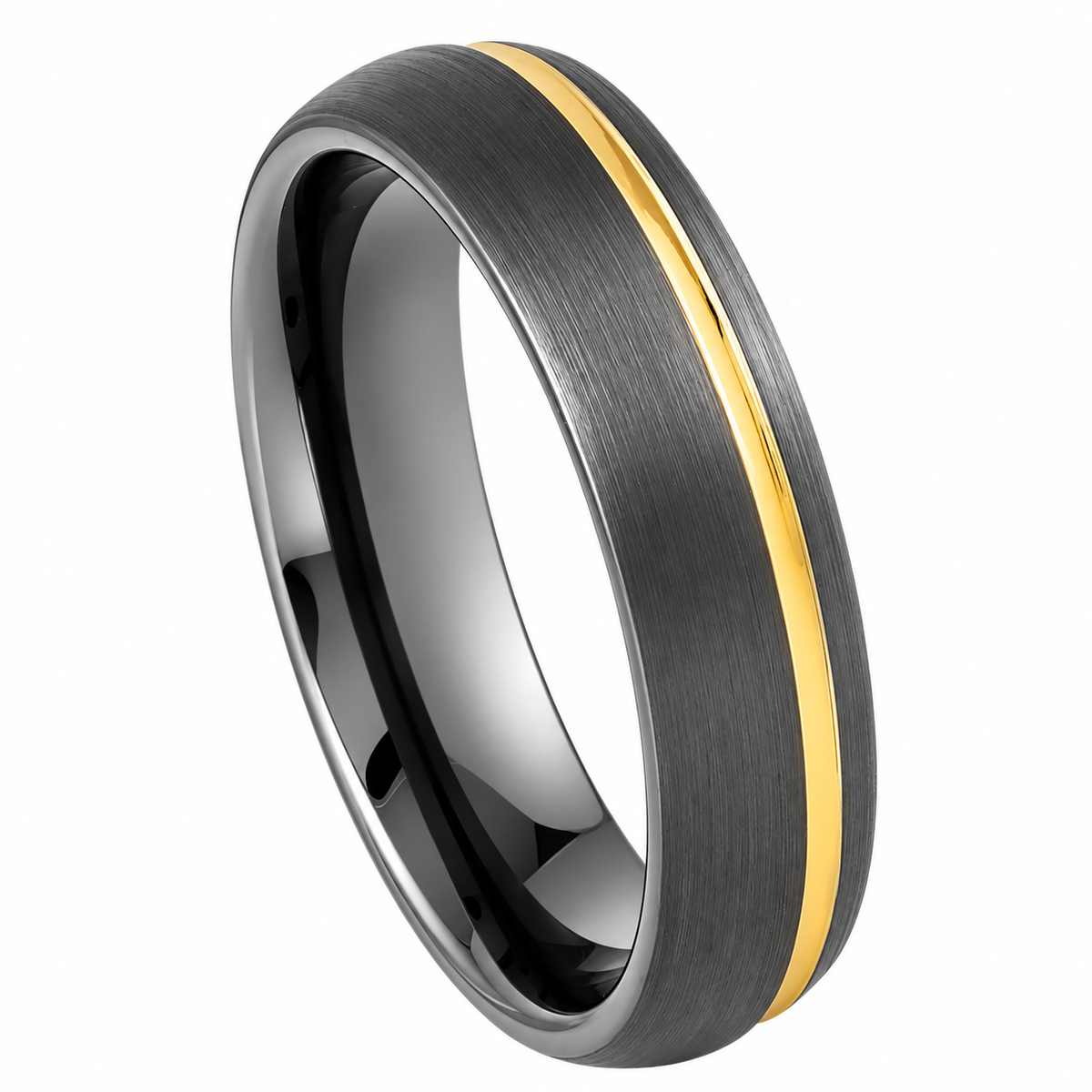 6mm Brushed Tungsten Band with Yellow Groove on white background