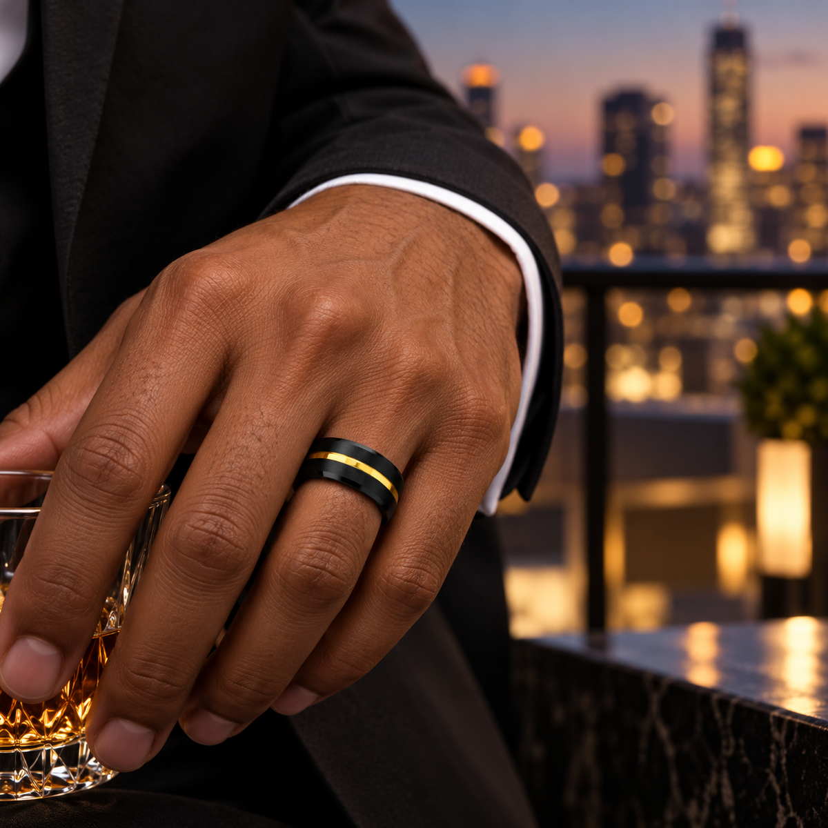 8mm Brushed Black Tungsten Band with Yellow Groove worn on hand lifestyle view