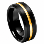 8mm Brushed Black Tungsten Band with Yellow Groove on white background