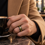 8mm Black & Yellow Tungsten Greek Key Band worn on hand lifestyle view