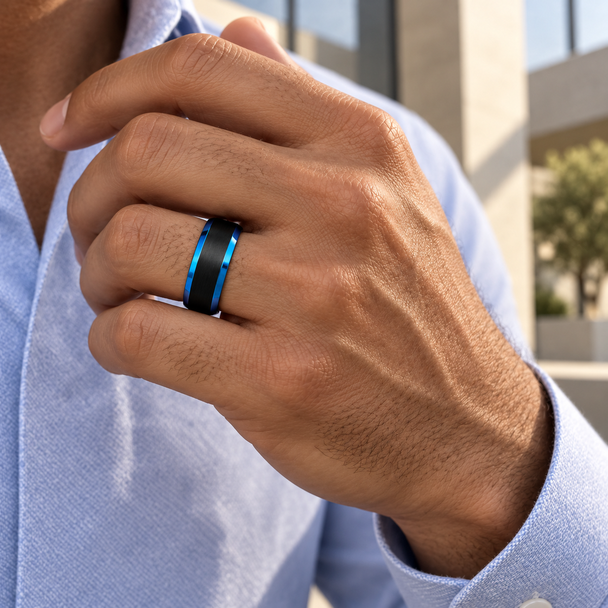 6mm Brushed Black Tungsten Band with Blue Edges worn on hand lifestyle view