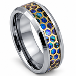 8mm Silver Tungsten Band with Abalone Honeycomb Inlay on white background