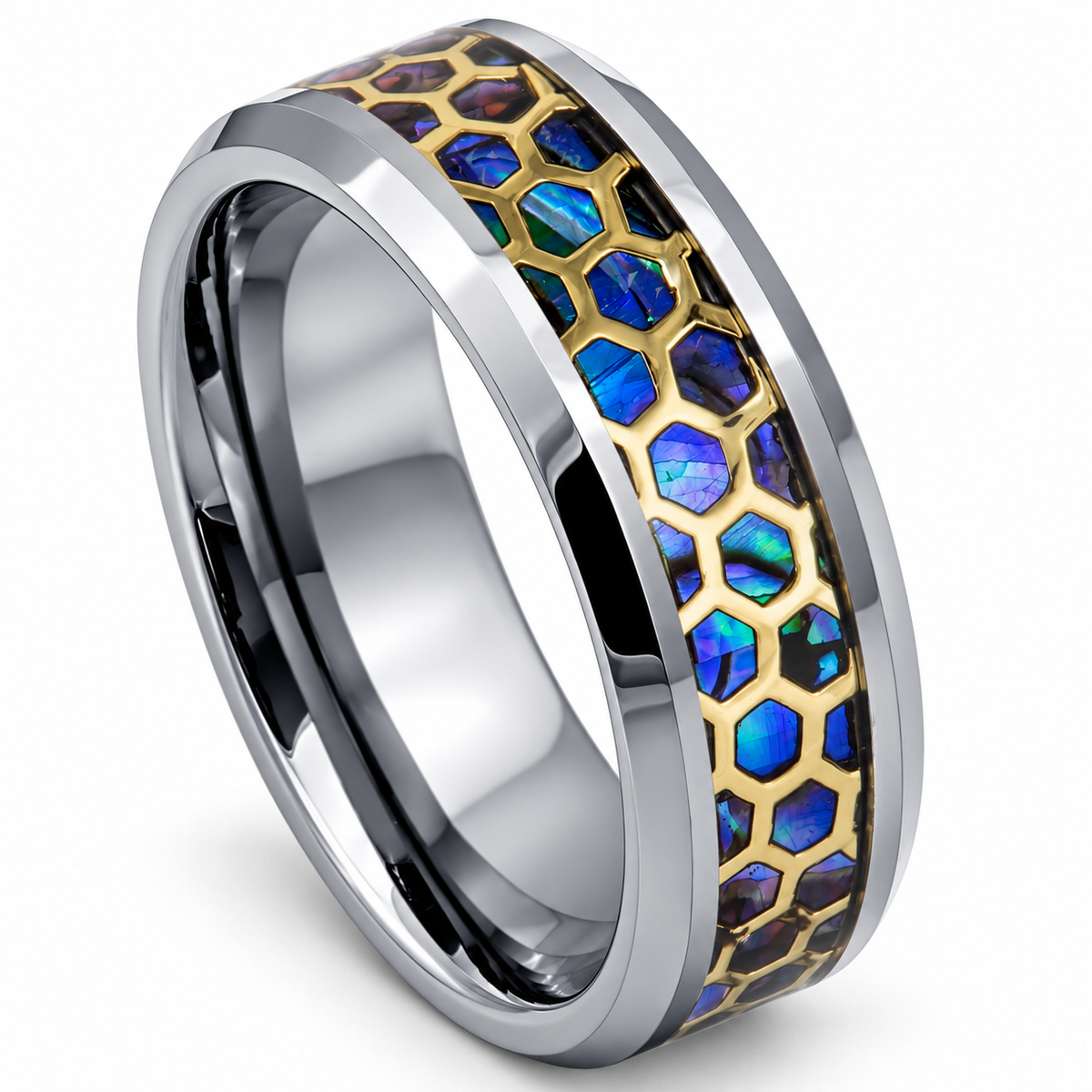 8mm Silver Tungsten Band with Abalone Honeycomb Inlay on white background
