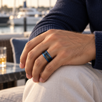 8mm Black & Blue Tungsten Honeycomb Band worn on hand lifestyle view