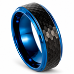 8mm Black & Blue Tungsten Honeycomb Band on white background