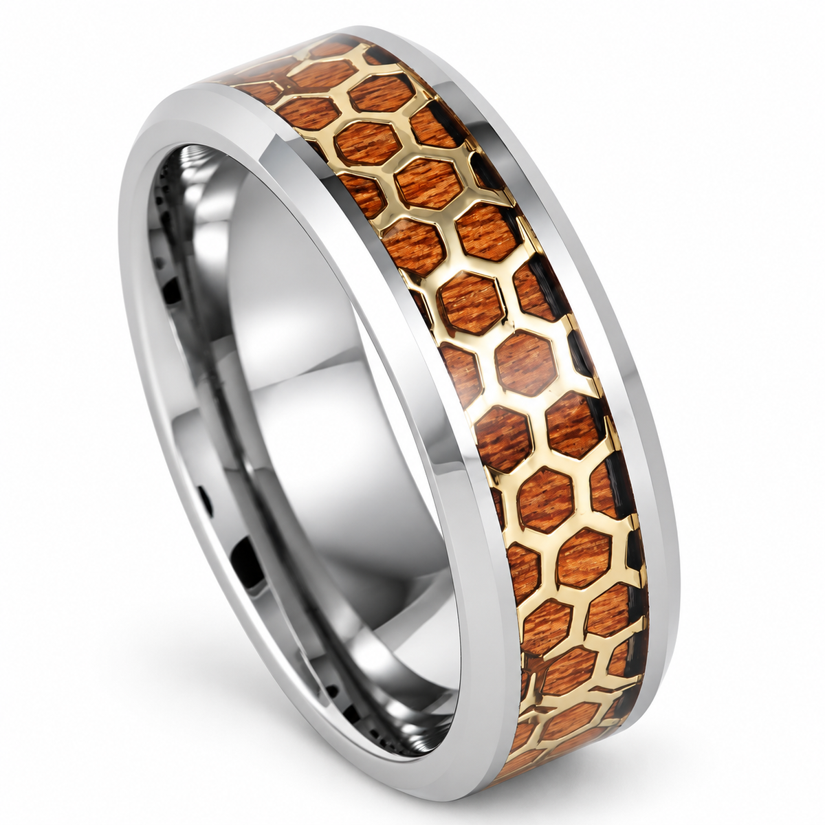 8mm Silver Tungsten Band with Wood Honeycomb Inlay on white background