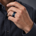 6mm Black & Blue Tungsten Honeycomb Band worn on hand lifestyle view