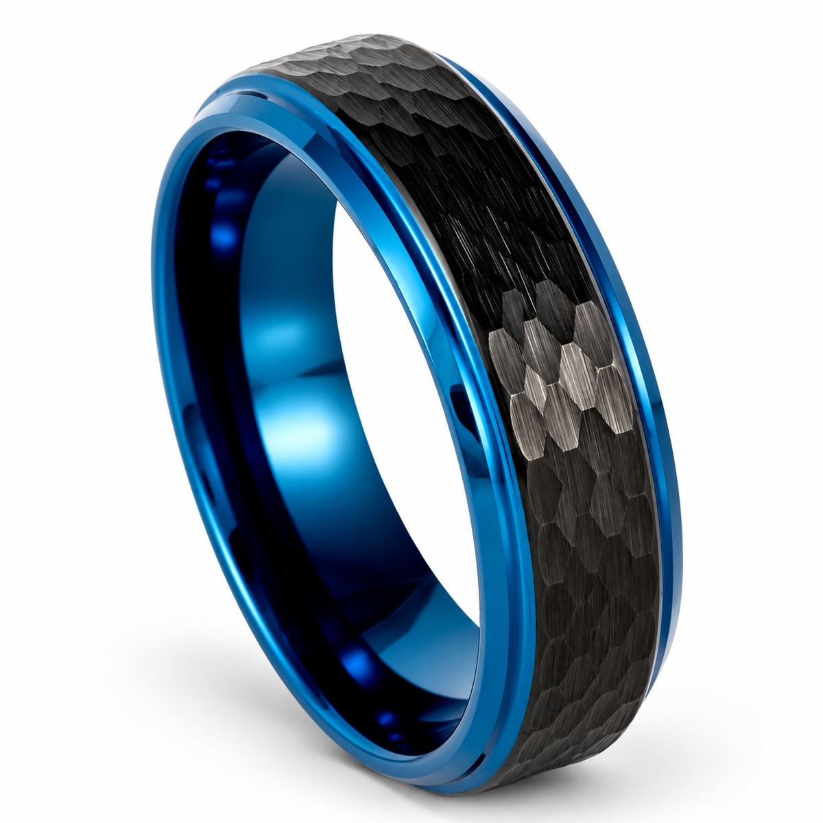 6mm Black & Blue Tungsten Honeycomb Band on white background