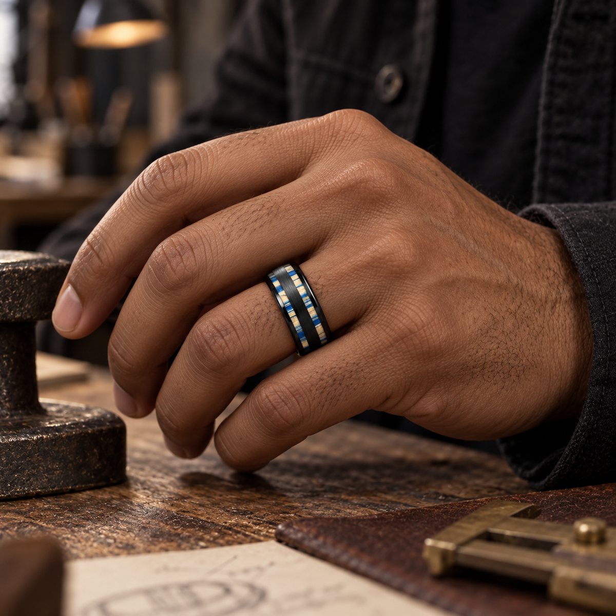 8mm Black Tungsten Band with Dyed Bamboo Inlay worn on hand lifestyle view
