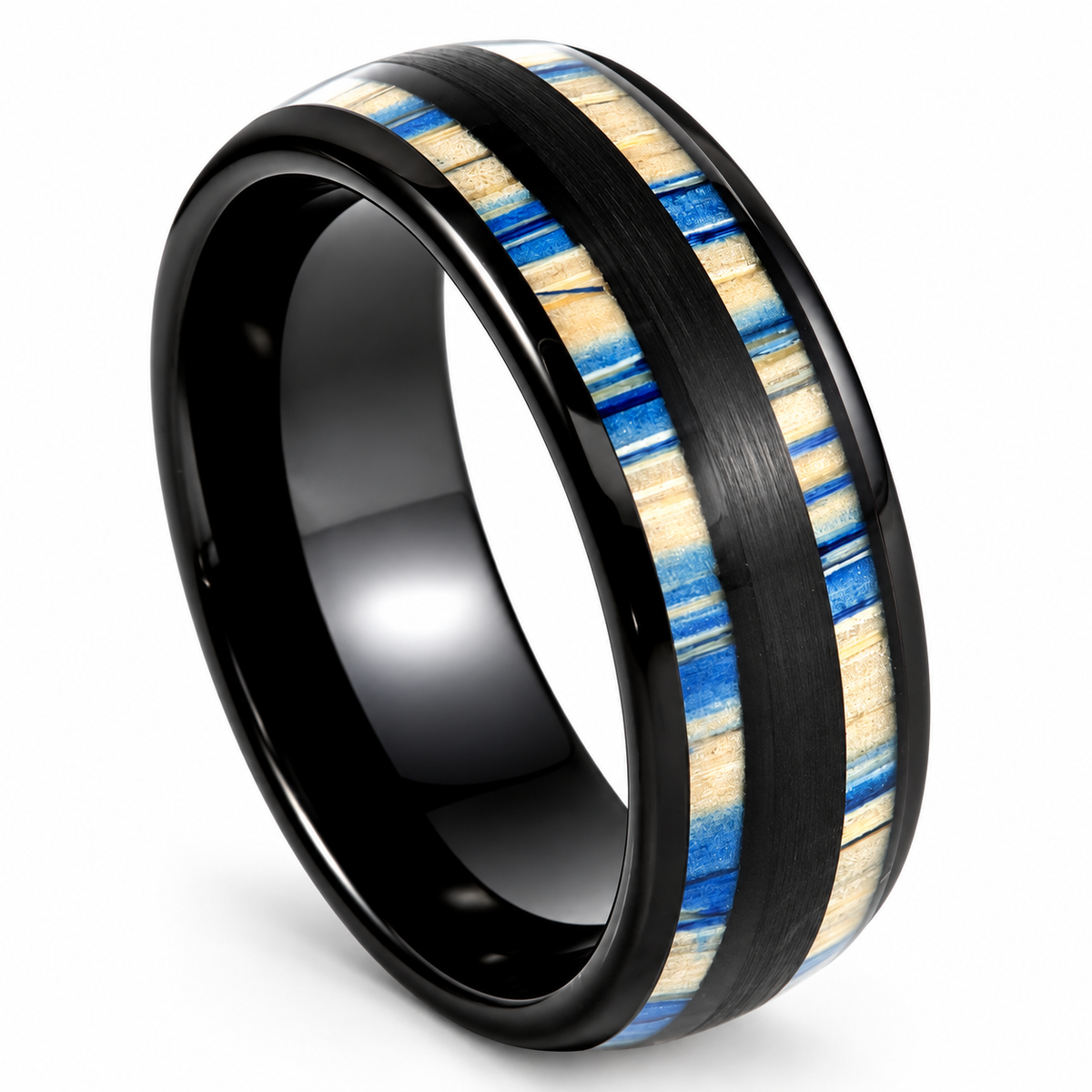 8mm Black Tungsten Band with Dyed Bamboo Inlay on white background