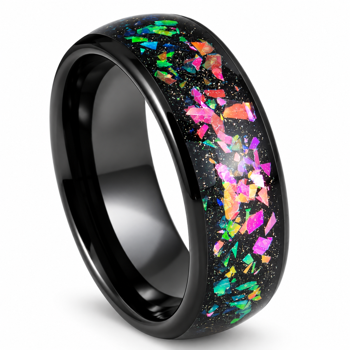 8mm Black Tungsten Band with Galaxy Opal & Abalone Inlay on white background