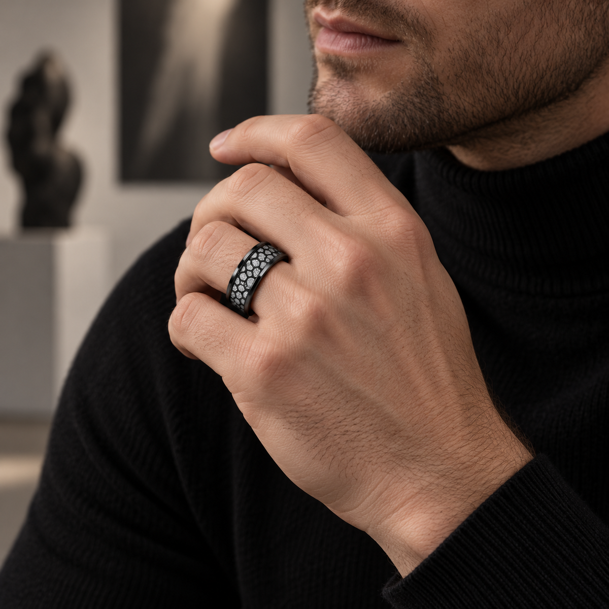 8mm Black Tungsten Band with Imitation Meteorite Honeycomb Inlay worn on hand lifestyle view