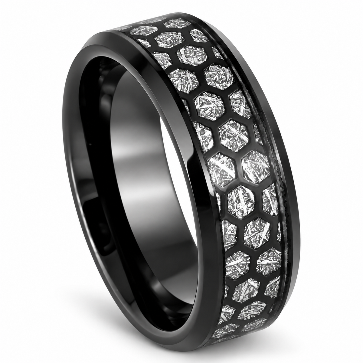8mm Black Tungsten Band with Imitation Meteorite Honeycomb Inlay on white background