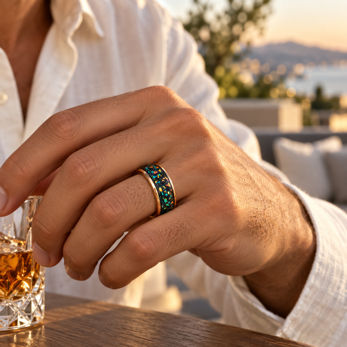 8mm Rose Tungsten Band with Galaxy Opal & Abalone Inlay worn on hand lifestyle view