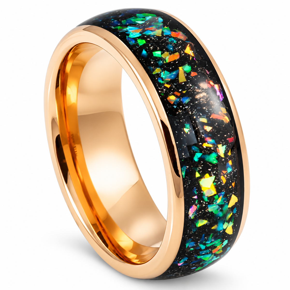 8mm Rose Tungsten Band with Galaxy Opal & Abalone Inlay on white background