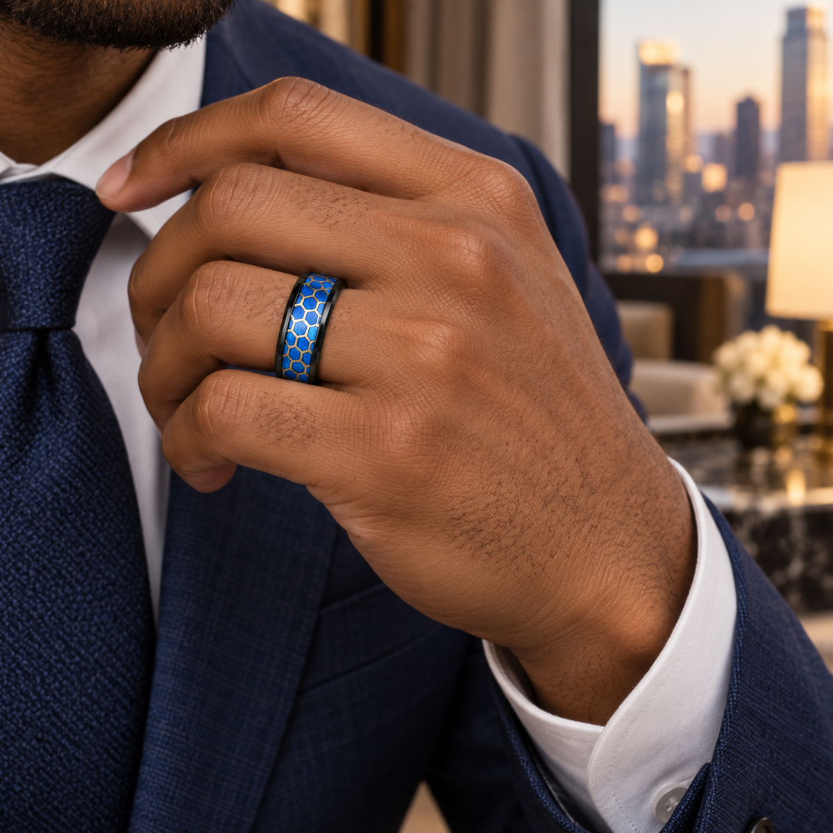 8mm Black Tungsten Band with Blue Opal Honeycomb Inlay worn on hand lifestyle view