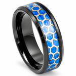 8mm Black Tungsten Band with Blue Opal Honeycomb Inlay on white background