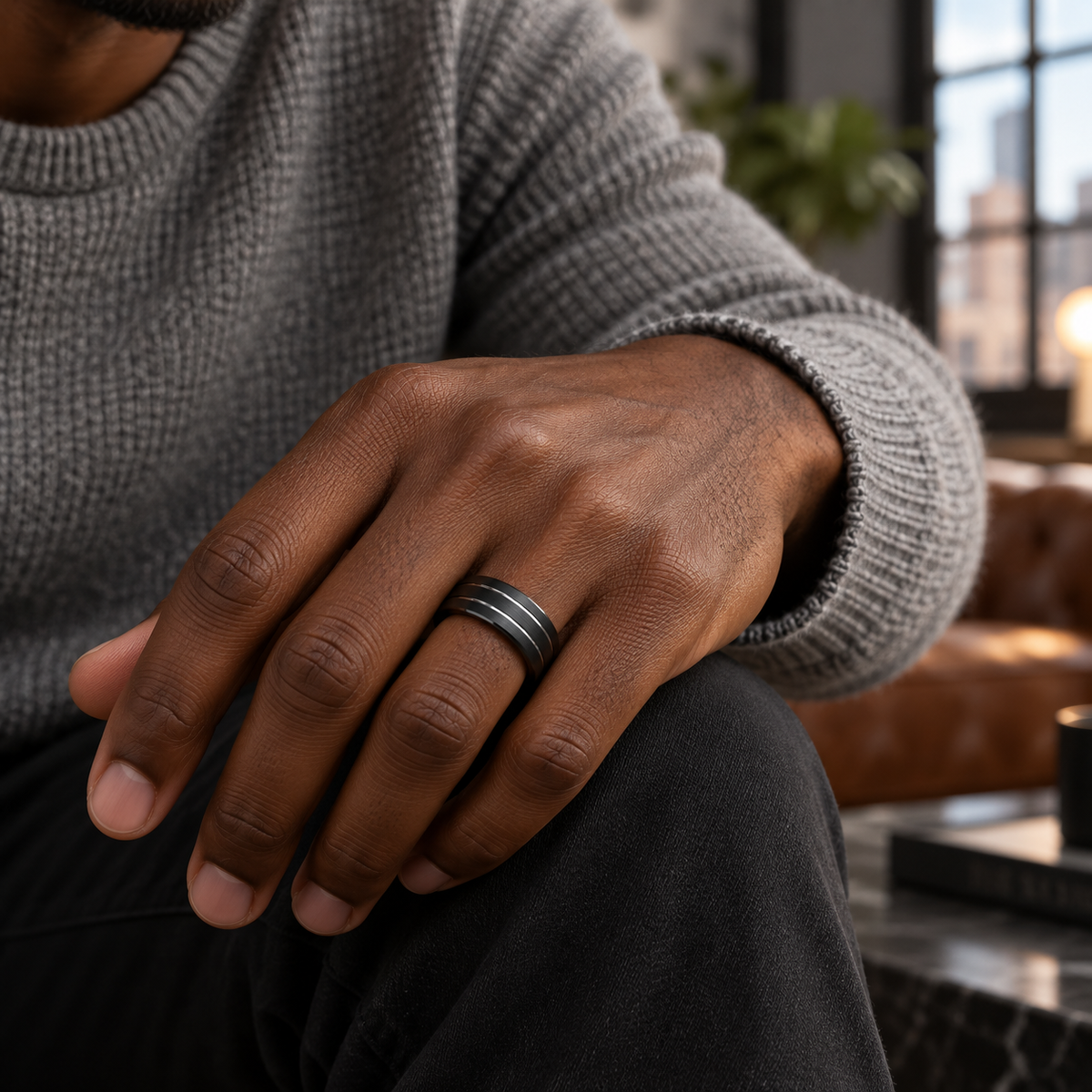 8mm Brushed Black Tungsten Triple-Groove Band worn on hand lifestyle view
