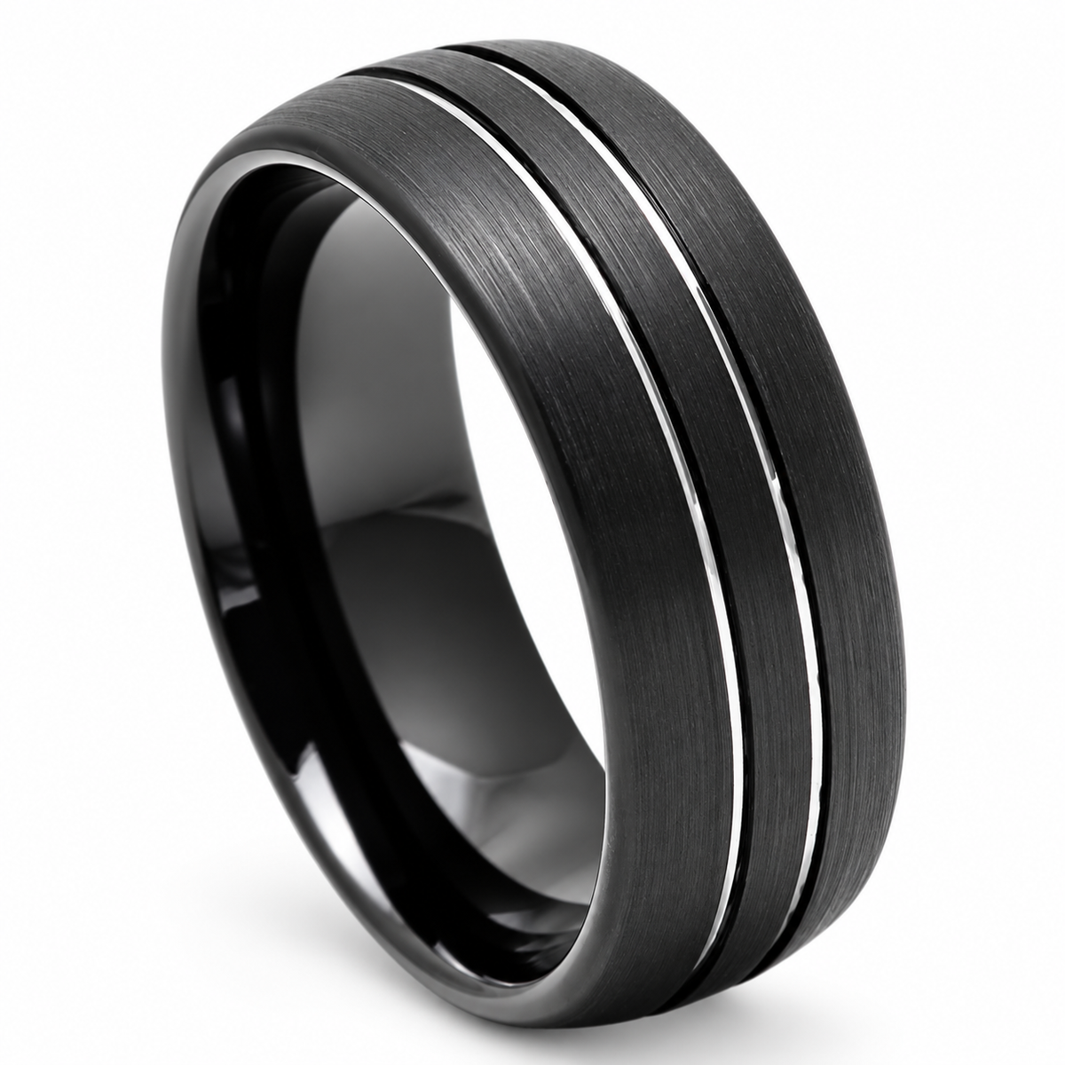 8mm Brushed Black Tungsten Triple-Groove Band on white background