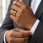 8mm Black & Yellow Tungsten Hammered-Center Band worn on hand lifestyle view — TR946