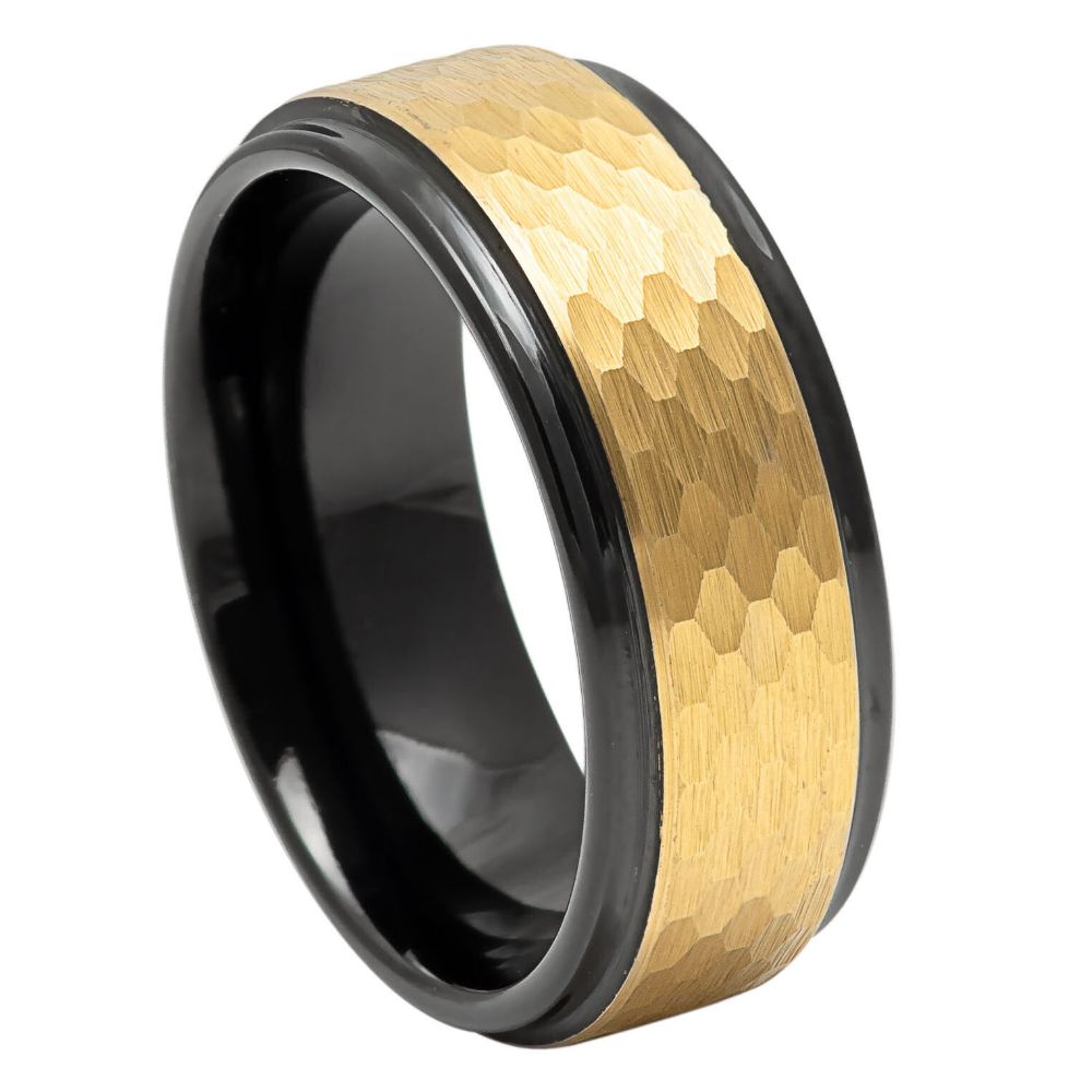 8mm Black & Yellow Tungsten Hammered-Center Band on white background