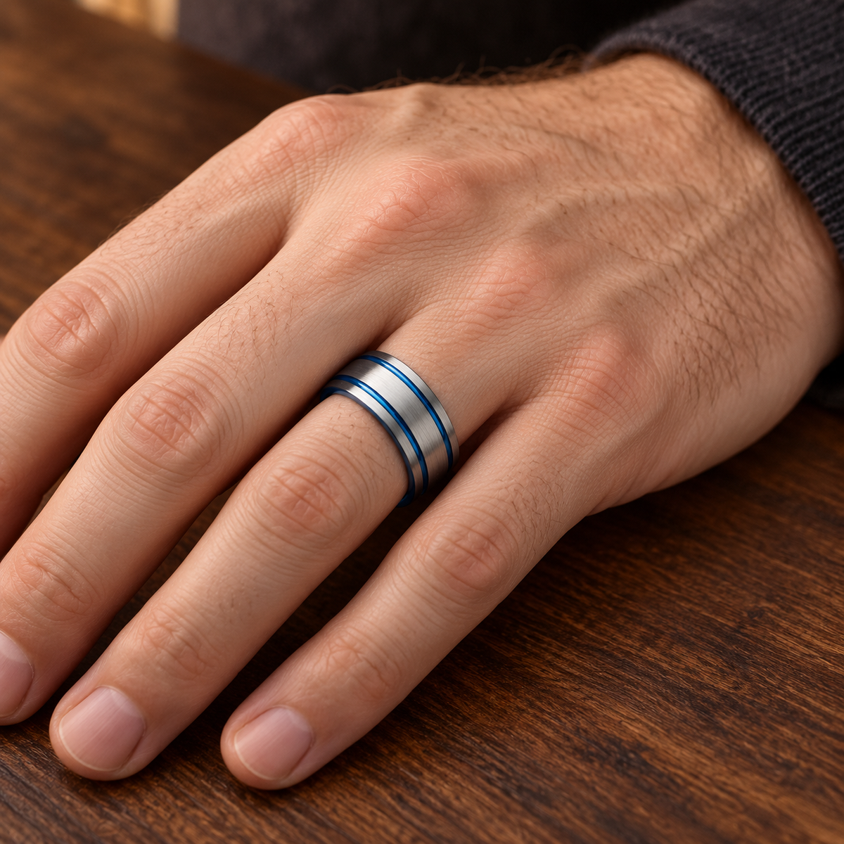 8mm Silver & Blue Tungsten Double-Groove Band worn on hand lifestyle view — TR948