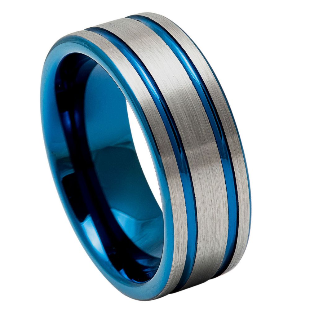 8mm Silver & Blue Tungsten Double-Groove Band on white background