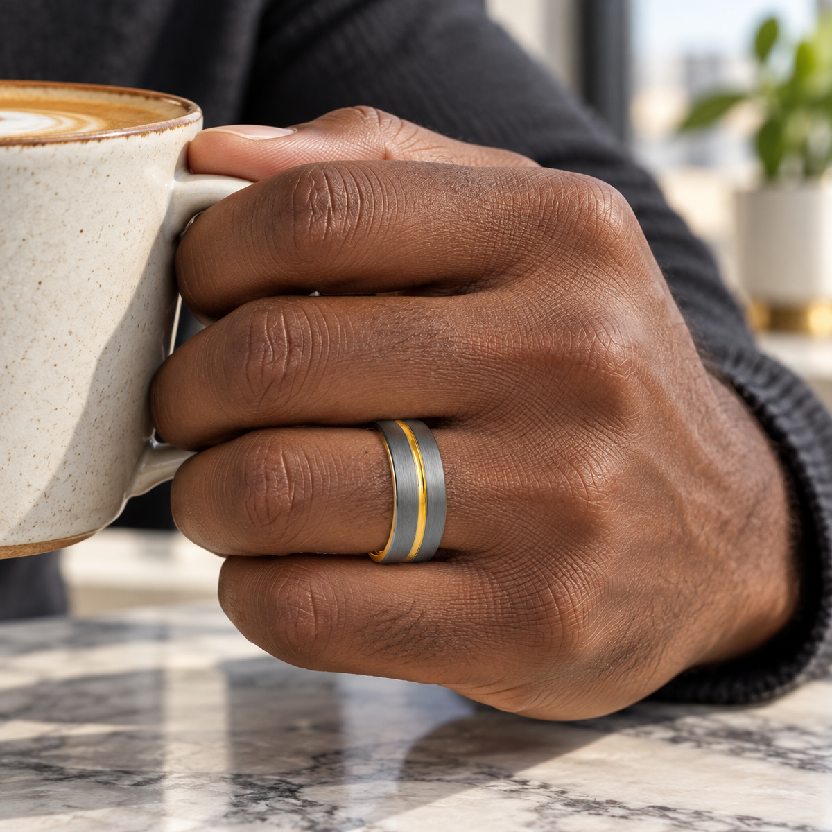 8mm Gunmetal & Yellow Tungsten Center-Groove Band worn on hand lifestyle view — TR949