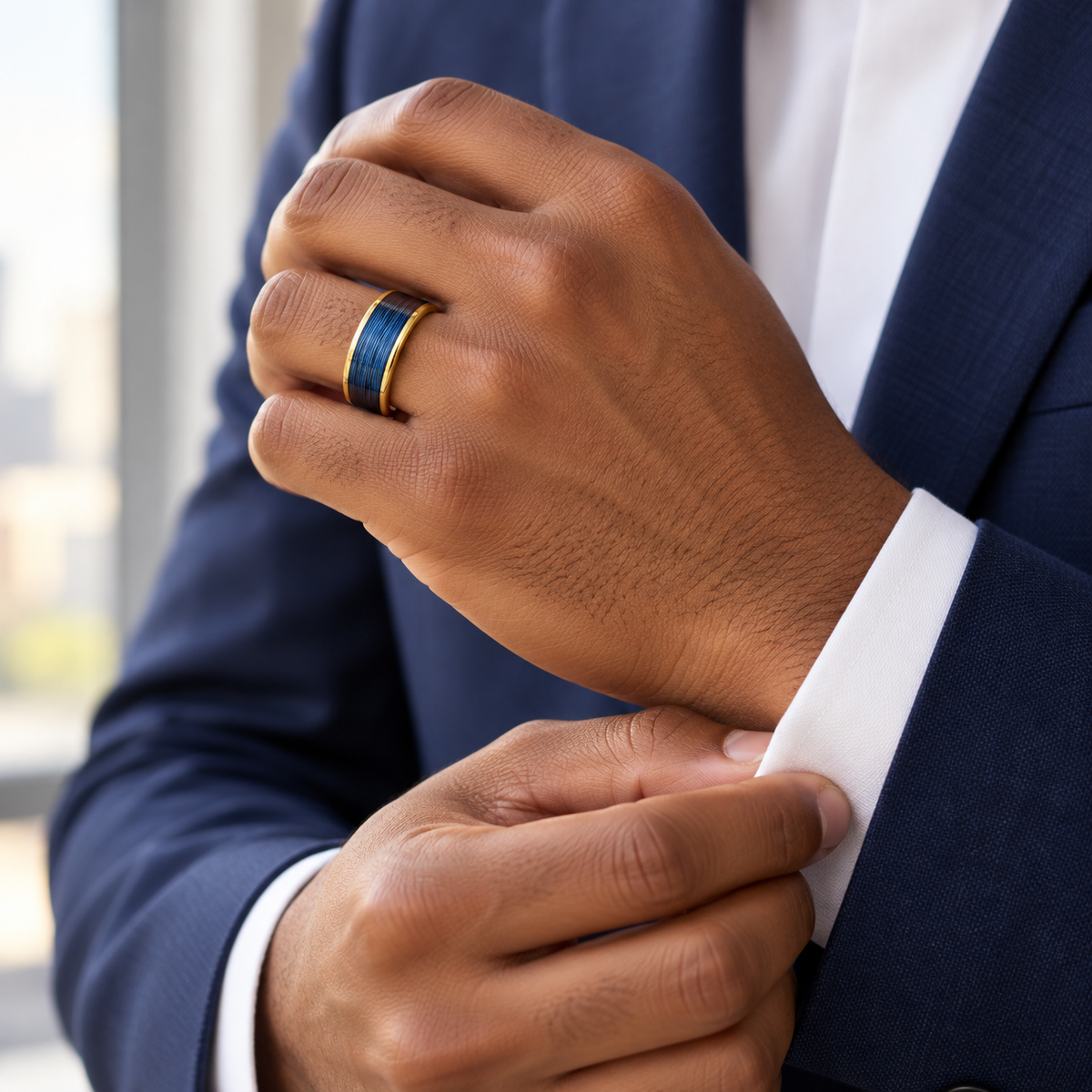 8mm Yellow Tungsten Band with Blue Rolled-Wire Inlay worn on hand lifestyle view — TR950