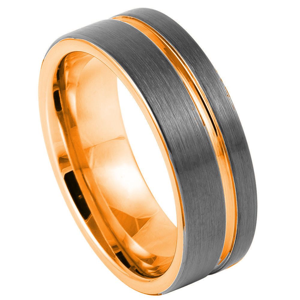 8mm Gunmetal & Rose Tungsten Center-Groove Band on white background