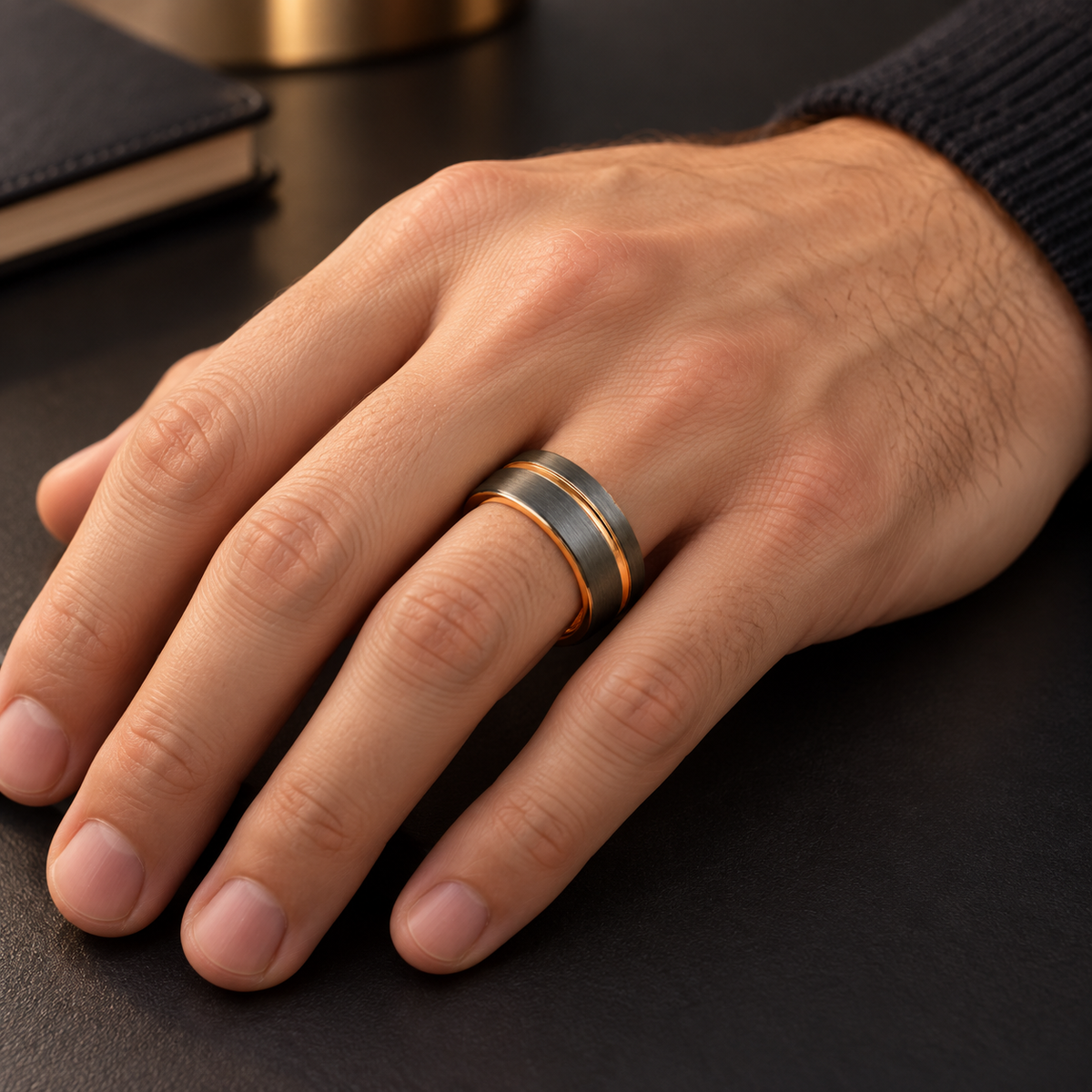 6mm Rose Tungsten Brushed Beveled-Edge Band worn on hand lifestyle view — TR952