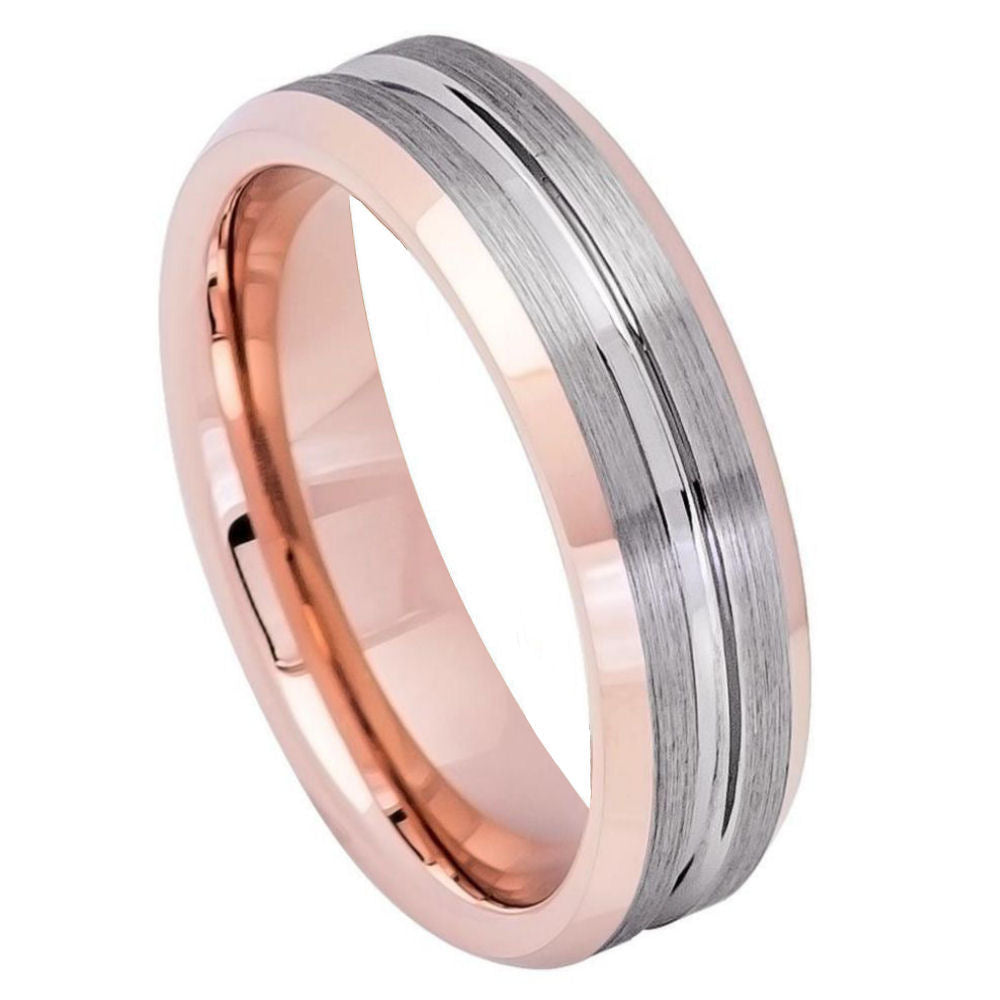 6mm Rose & Silver Tungsten Textured-Groove Band on white background