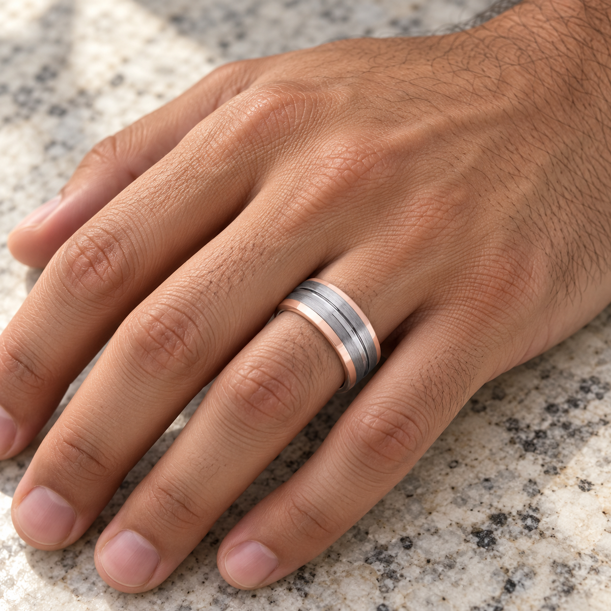 6mm Silver Tungsten Brushed Band with Blue Interior worn on hand lifestyle view — TR956