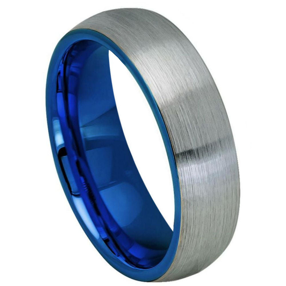 6mm Silver Tungsten Brushed Band with Blue Interior on white background