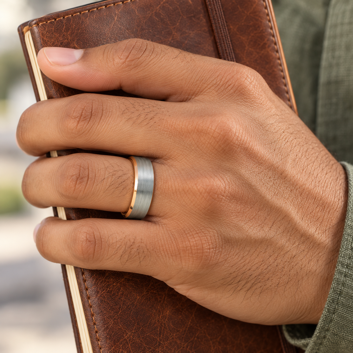 6mm Silver Tungsten Brushed Band with Rose Interior worn on hand lifestyle view — TR957