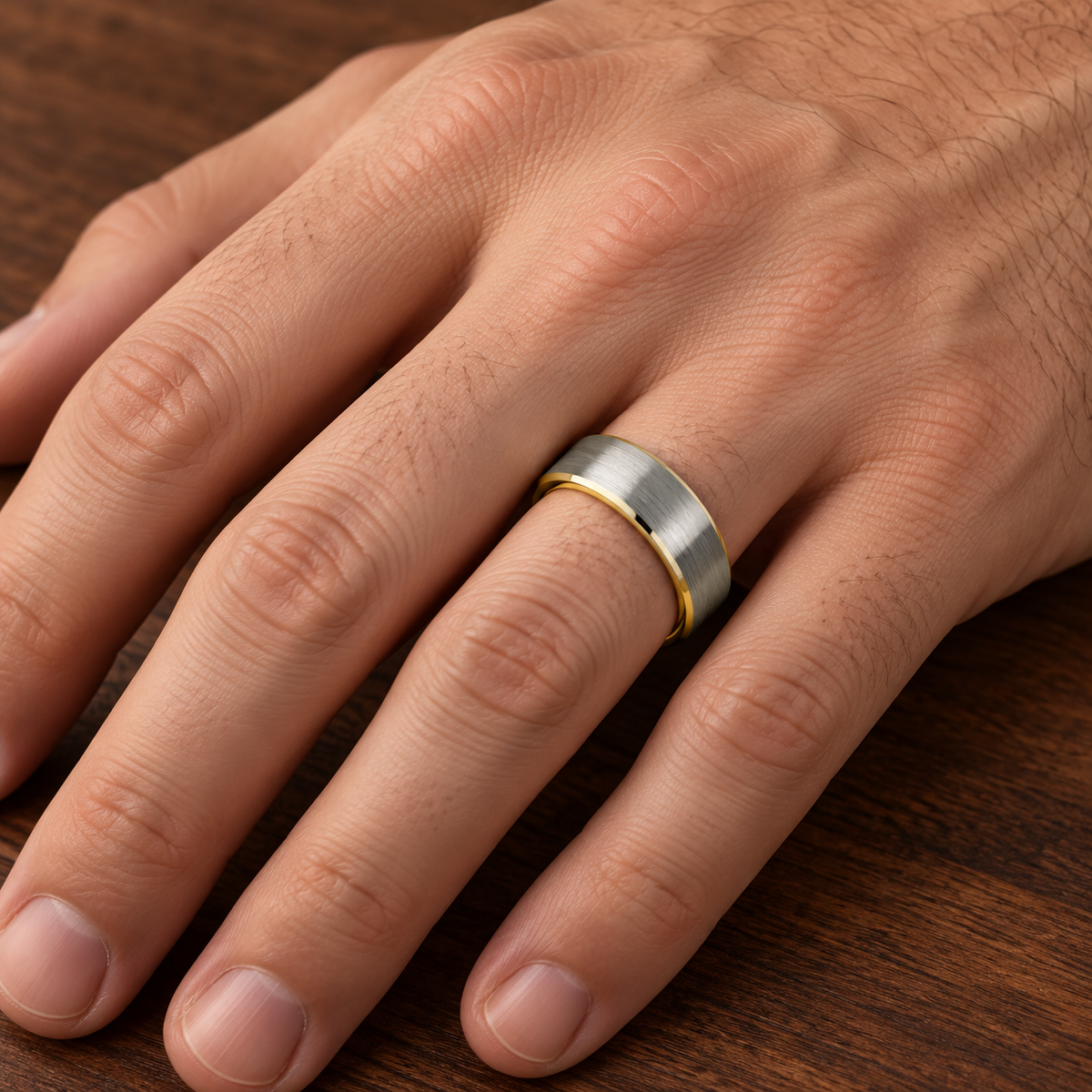 6mm Silver Tungsten Brushed Band with Yellow Interior worn on hand lifestyle view — TR958