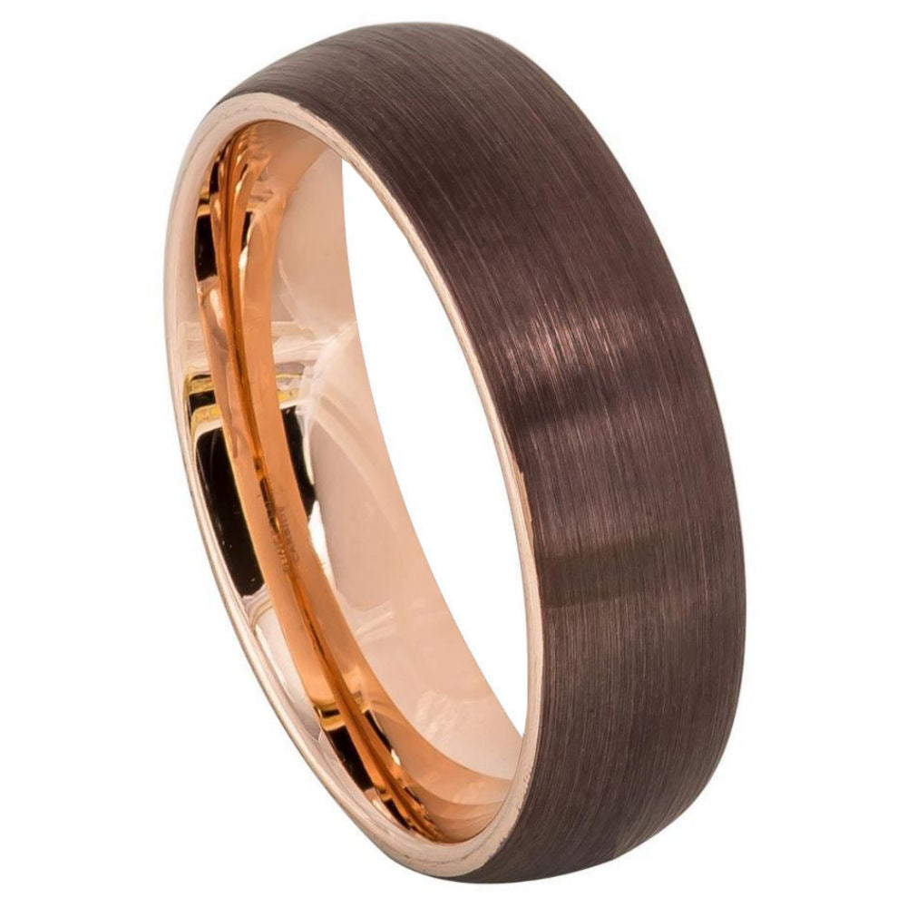 6mm Brown Tungsten Brushed Band with Rose Interior on white background