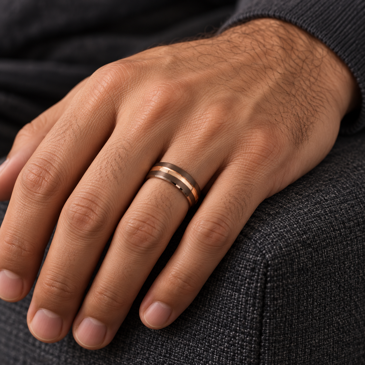 6mm Brown & Rose Tungsten Double-Groove Band worn on hand lifestyle view — TR960