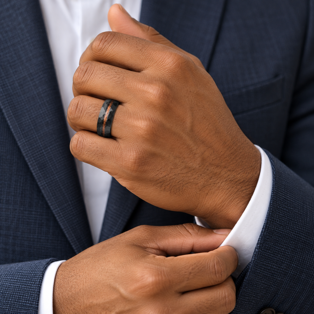 6mm Black Tungsten Faceted Band with Koa Wood Inlay worn on hand lifestyle view — TR961