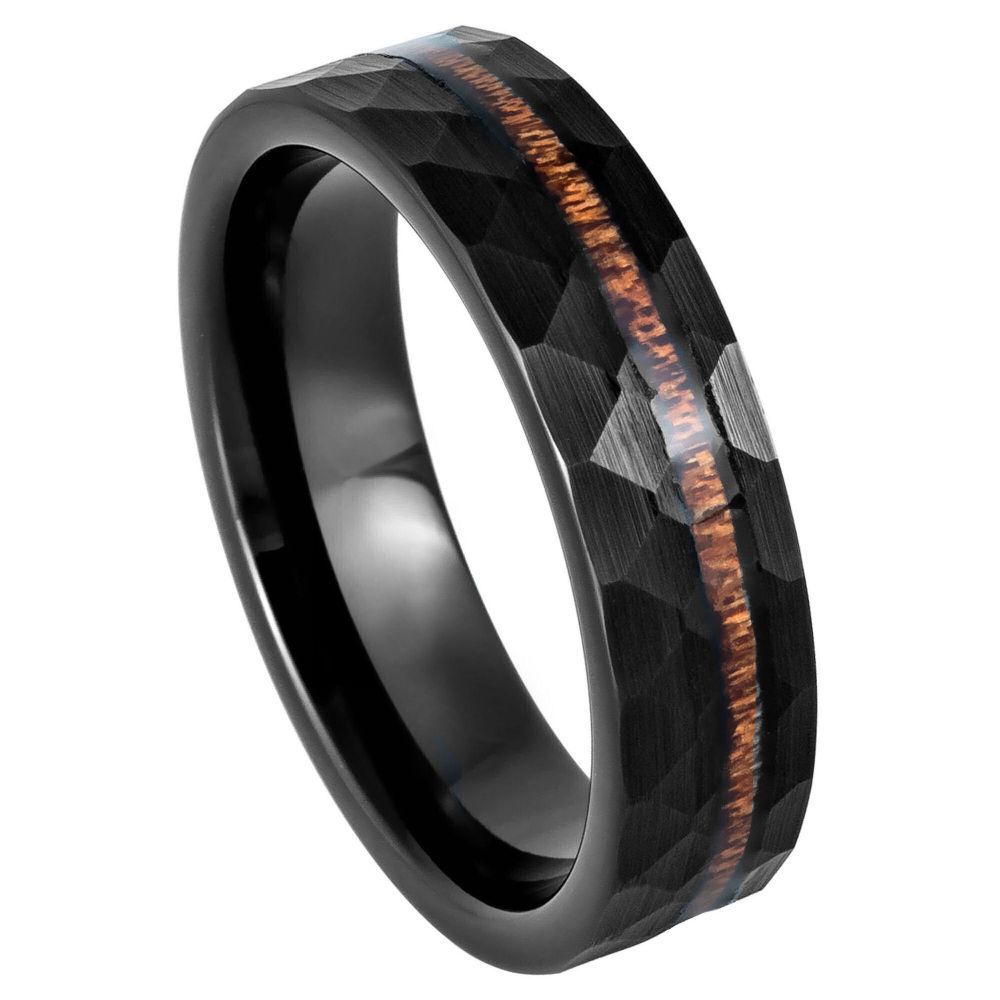6mm Black Tungsten Faceted Band with Koa Wood Inlay on white background