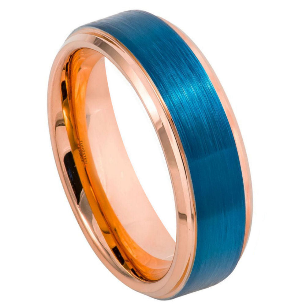 6mm Blue & Rose Tungsten Brushed Beveled-Edge Band on white background