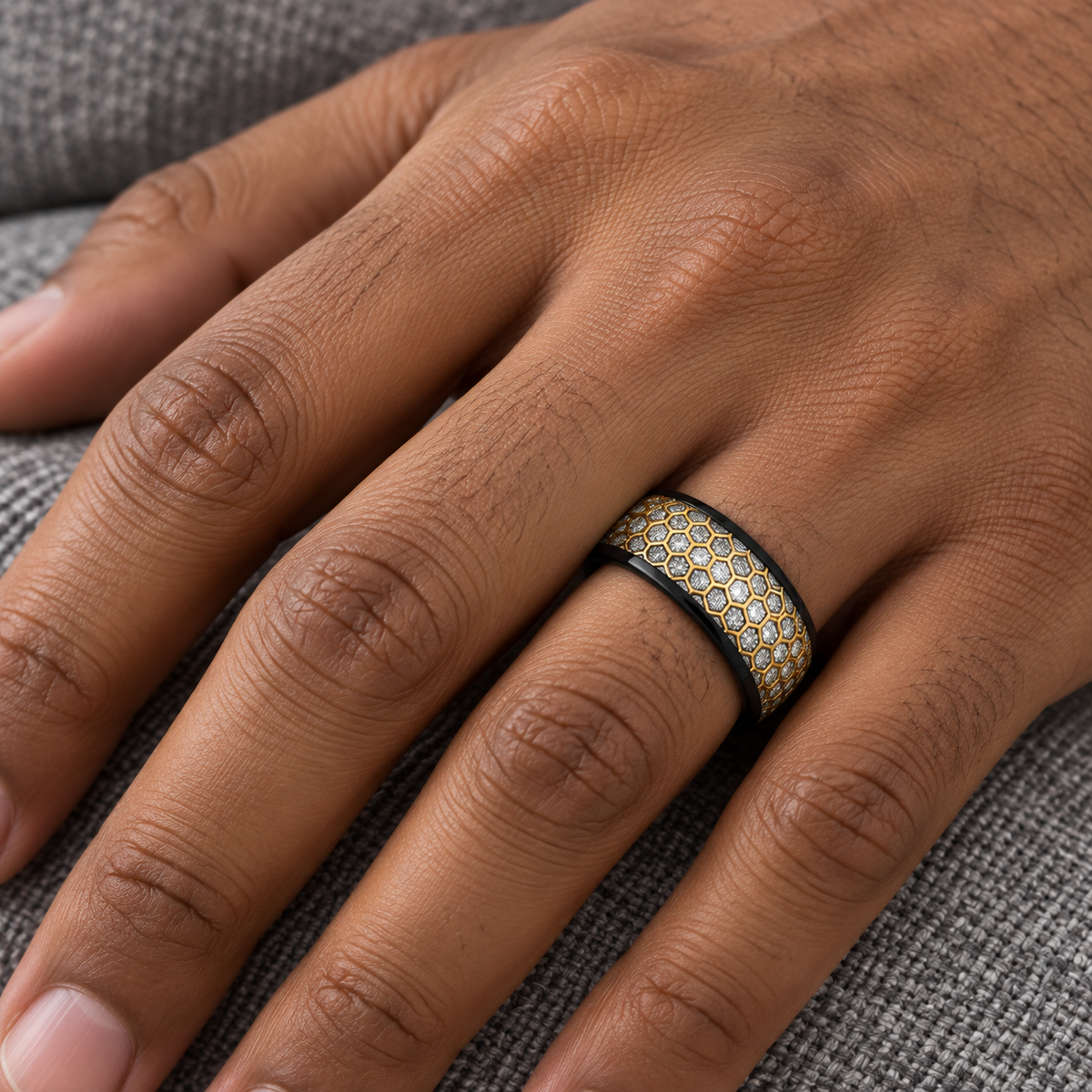 8mm Black Tungsten Band with Blue Imitation-Silk Inlay worn on hand lifestyle view — TR964