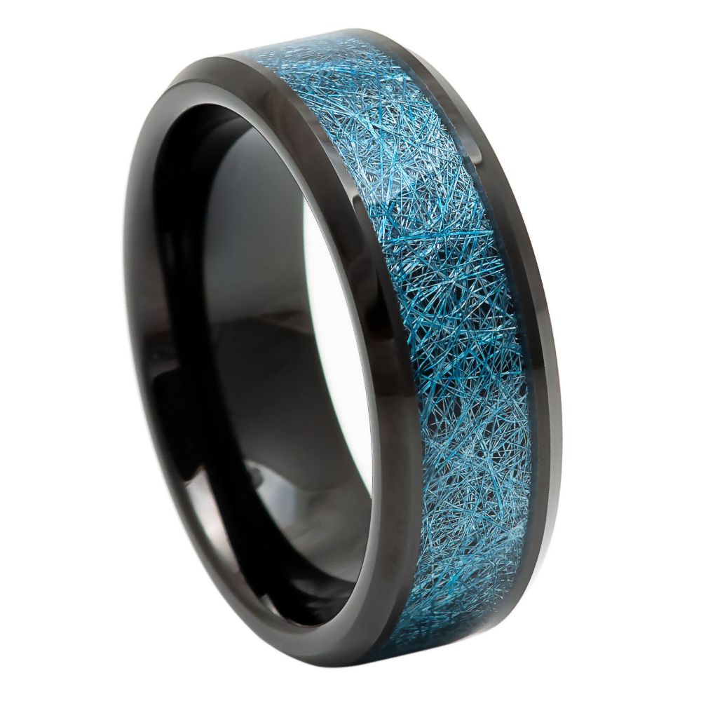 8mm Black Tungsten Band with Blue Imitation-Silk Inlay on white background